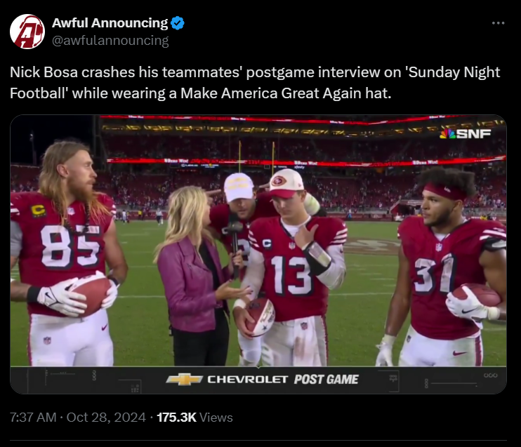 Football players on the field during a postgame interview; one wears a red cap while others, including an NFL reporter, stand nearby. Amidst them is Nick Bosa of the San Francisco 49ers, sharing insights on the game.